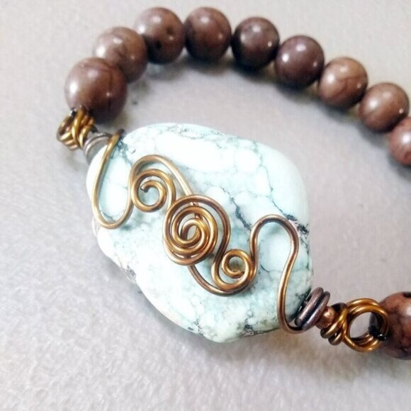 Gift Set: Beaded Bracelet & Earrings ~ Copper & Turquoise Howlite - Southwestern - Picture 11 of 13